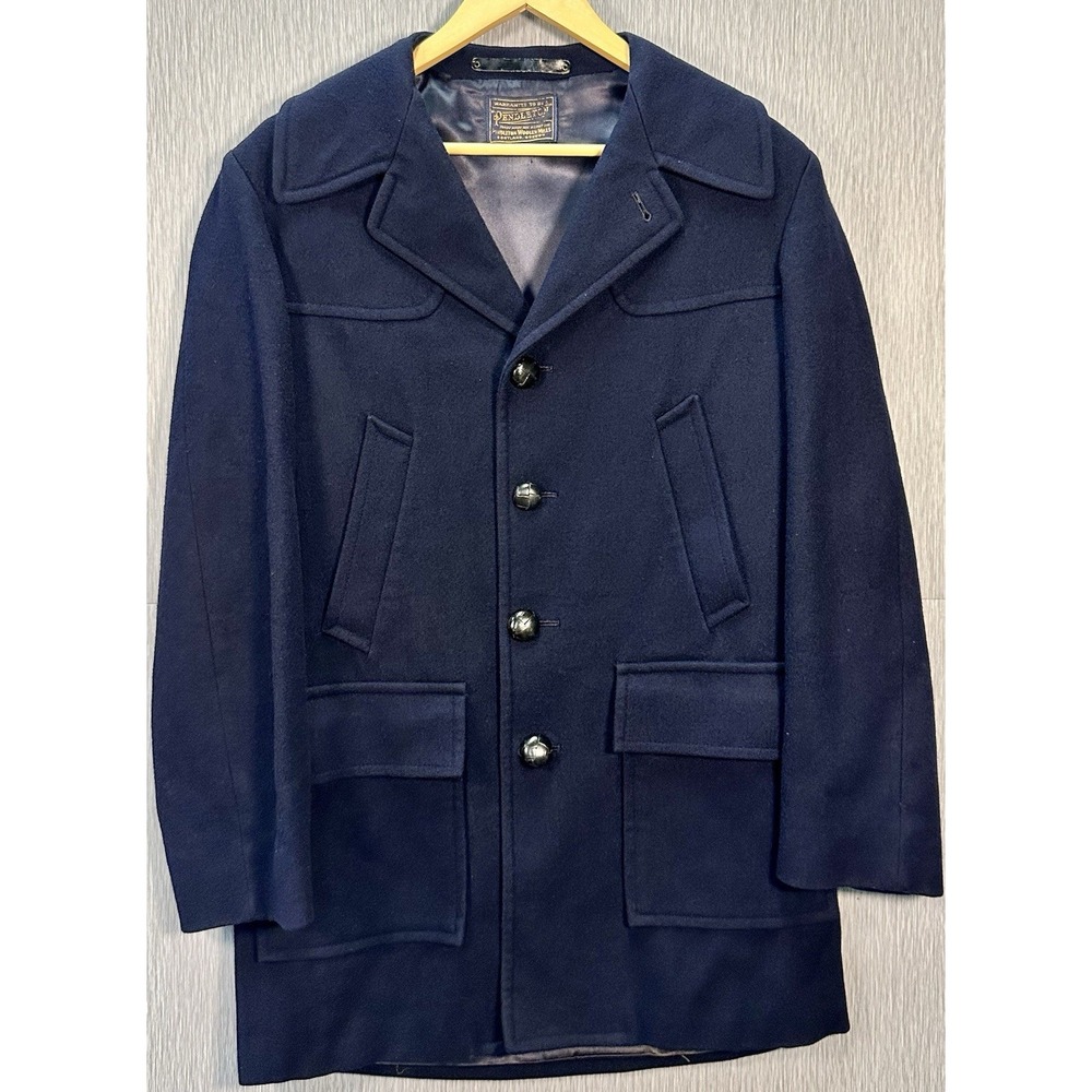 Vintage Pendleton‎ Wool Coat Car Coat Leather Wrapped Buttons Navy Blue
